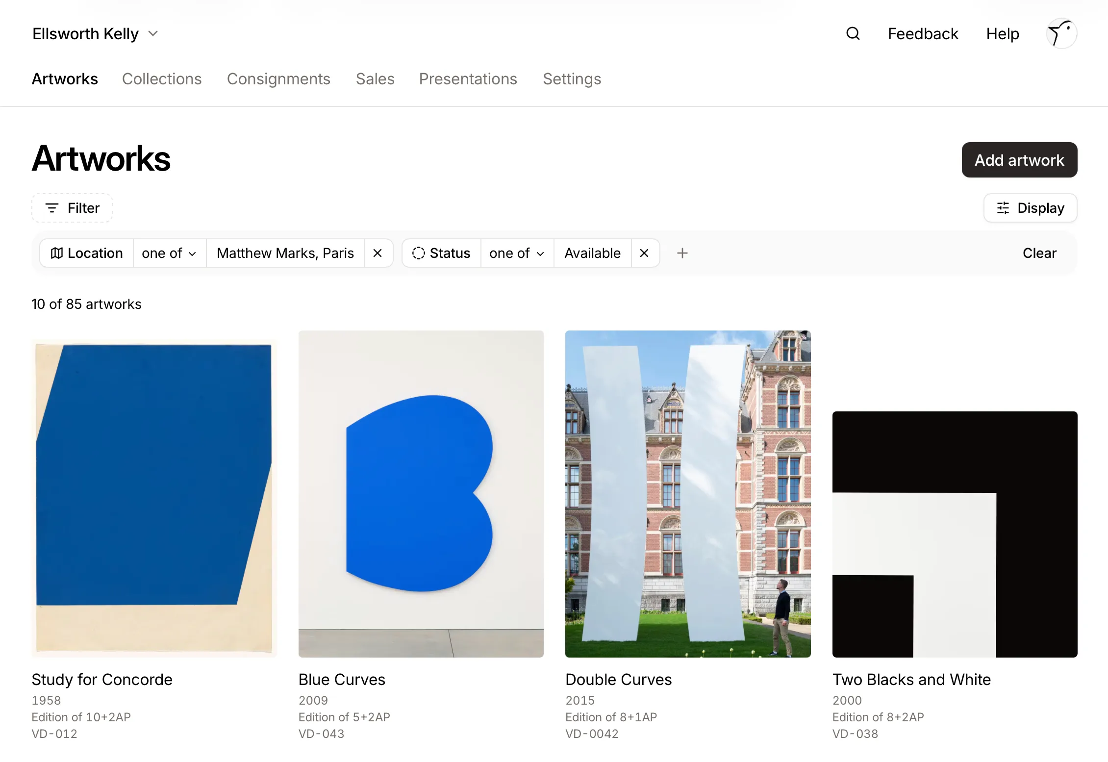The Artworks page in Valise, showing a grid of works with their titles, IDs, and years